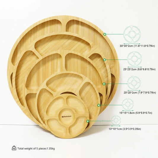 Bainison Bamboo Tray With Compartments-Snack Sorting Platter, Party Candy Buffet Display,Household Kitchen Outdoor Bamboo Tray.