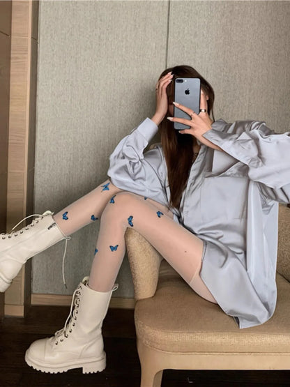 Sexy Butterfly Tights Vintage Y2K Fake Tattoo Butterfly Black Transparent Silk Pantyhose Women Lolita Summer Ultra-thin Stocking.