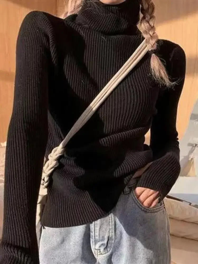 Neue Herbst Winter Grundlegende Gestrickte Tops Frauen Rollkragen Pullover Casual Pullover Koreanische Mode Einfache Mit Daumen Löcher Chic Kleidung