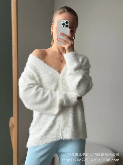 Women New Knitted Thick Cashmere Wool Cardigan Chic V Neck Single Breasted Fashion Long Sleeve Sweater Fall Winter Coat Outwear