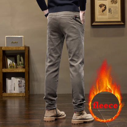 Warm Fleece Pants Winter Man Cowboy Man Thermal Fleece Lined Korean Fashion Slim Thicken Plush Wool Boot Cut Jeans Men.