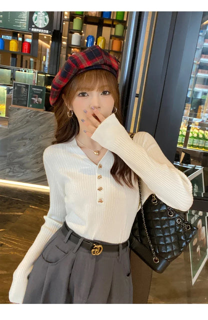 2023 herbst Winter Frauen Pullover Beiläufige Dünne Taste Gestrickte Pullover Pullover Femme Grundlegende Solide Jersey Tops Mode Kleidung