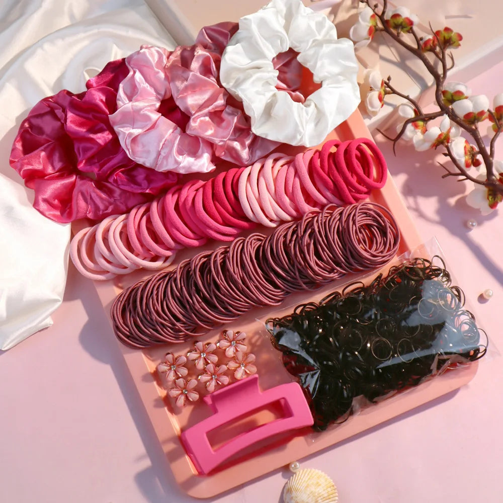 Fashionable Pink Hair Accessories Set for Women, Seamless Ponytail Holders Variety Hair Scrunchies For Women Lady 2024.