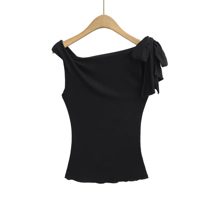 Shoulder Bared Short Sleeve T Shirt Women's Spicy Girl Design Slimming Top Summer New Style One Word Oblique Shoulder Tie Waist