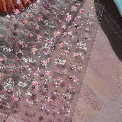 Ocean Theme 5D Nail Sticker Summer Beach Seashells Starfish Conch Scallop Shell Coral Self Adhesive Decoration Manicure Decal.