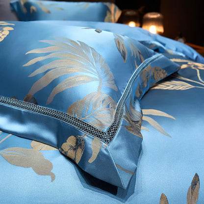 Luxury Satin Jacquard  Cotton Bedding Set Gold Leaves Egyptian Cotton Smooth Duvet Cover Set Flat/Fitted Sheet Pillowcases.