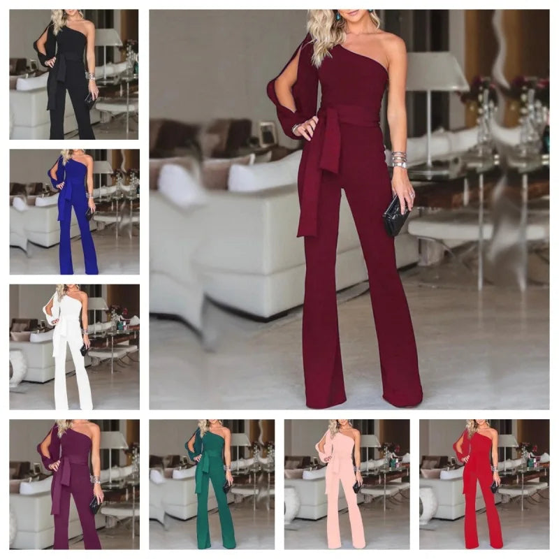 Temperament Solid Color Slim Jumpsuits Women Sexy Off Shoulder Slant Collar High Waist Leace-up Bodycon Jumpsuit Streetwear 2024.