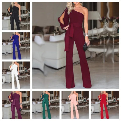 Temperament Solid Color Slim Jumpsuits Women Sexy Off Shoulder Slant Collar High Waist Leace-up Bodycon Jumpsuit Streetwear 2024.