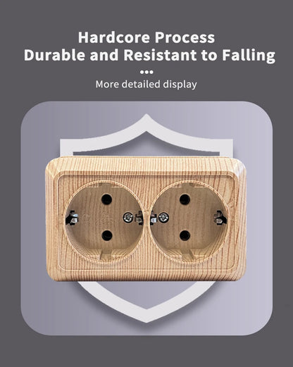 Holzfarbe, Wandoberfläche, 2-Steckdosen, Stecker, EU-Außensteckdosen mit Erdung, Steckdose für den Außenbereich, flammhemmender Kunststoff.