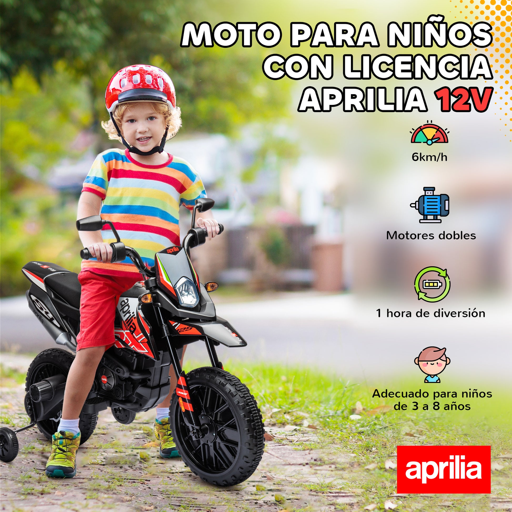 Aiyaplay Electric Motorcycle for Children 12V with Aprilia License, Children's Electric Motorcycle with Detachable Auxiliary Wheels, 6 Km/H, Rear Suspension, Headlight, Music and Usb, for Children 37-96 Months, Red.