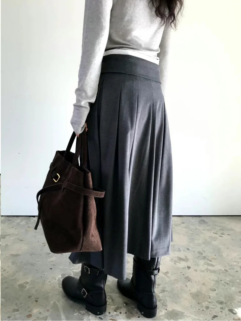 Elegant Pleated Midi Skirt Women Fashion Patchwork Asymmetrical Skirts Summer Office Ladies Korean Casual Design A Line Faldas.