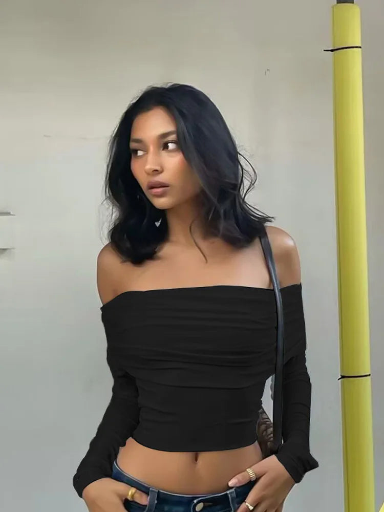 Women Off Shoulder Long Sleeve Slim Tops and Blouses Mesh Ruched Crop Tops Summer Autumn Y2K Sexy Elegant Shirts Female.