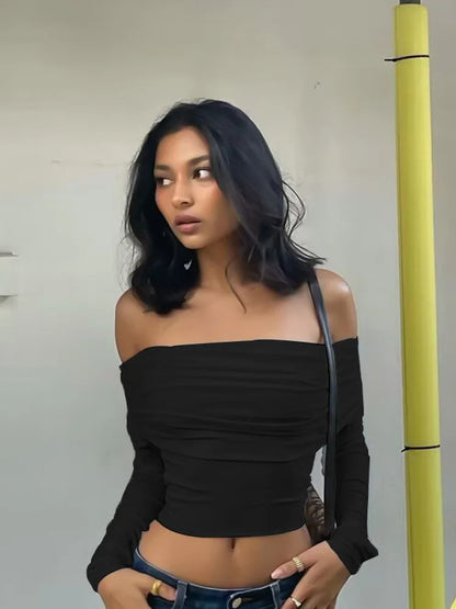 Women Off Shoulder Long Sleeve Slim Tops and Blouses Mesh Ruched Crop Tops Summer Autumn Y2K Sexy Elegant Shirts Female.