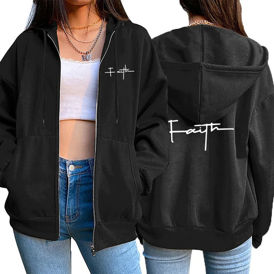 Damen-Strickjacke mit Reißverschluss, Mantel, bedruckt, lässiges Kapuzen-Sweatshirt, Sport-Jogging-Kleidung, hochwertige, vielseitige Straßenfrauenjacke