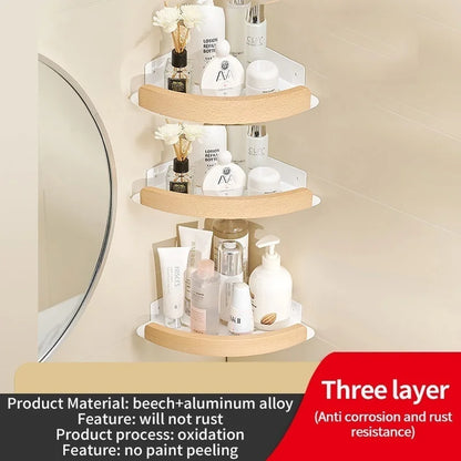 Badezimmer-Aufbewahrungsregal aus Holz und Aluminium, Aufbewahrungsregal für Badezimmer, perforationsfrei, Wandbehang, Waschtisch, WC, dreieckiges Eckregal
