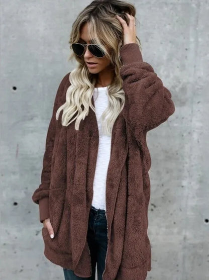 Herbst Winter Doppel Fleece Strickjacke Jacke Frauen Einfarbig Langarm Plüsch Warme Mit Kapuze Dame Jacke Übergroßen Oberbekleidung Mantel