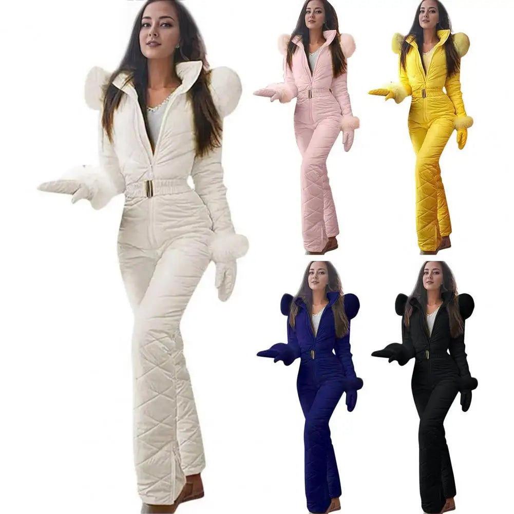 2025 Women Ski Jumpsuit Warm Snowsuit Winter Women's Snowsuit with Gloves Hood Windproof Ski Outfit with Elastic Waist Zipper fo.