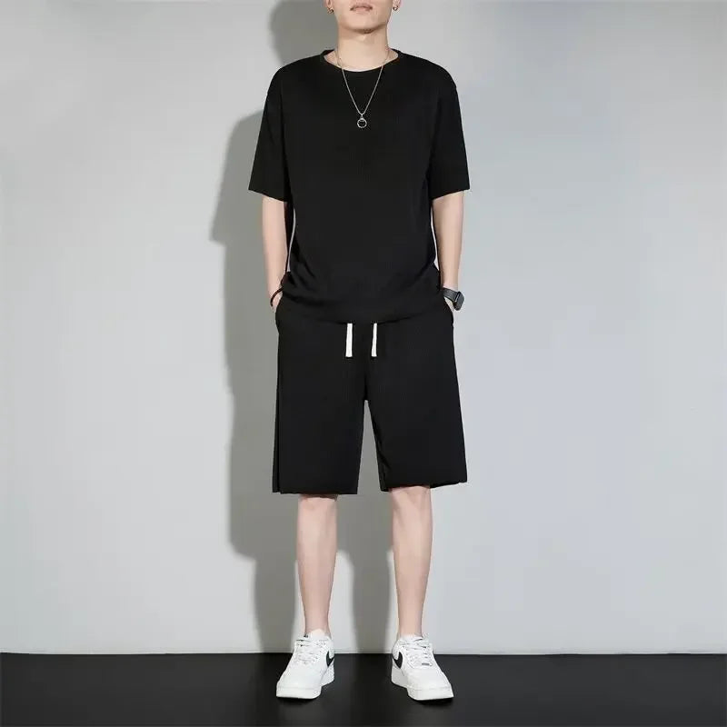 High-End Ice Silk Men's Sports Suit Casual Home Use Long Pants Short Sleeves Quick Drying Top Set Summer Collection.
