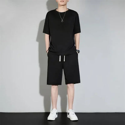 High-End Ice Silk Men's Sports Suit Casual Home Use Long Pants Short Sleeves Quick Drying Top Set Summer Collection.