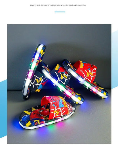 Disney Spider-Man Children's Slippers Non-slip Cartoon Light Soft Soled Slippers For Boys LED Light Luminous Children's Summer S.
