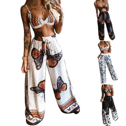 Sexy Two Piece Set Women Outfit 2025 Summer Butterfly Print V-Neck Cropped Top High Waist Drawstring Casual Wide Leg Pants Sets.