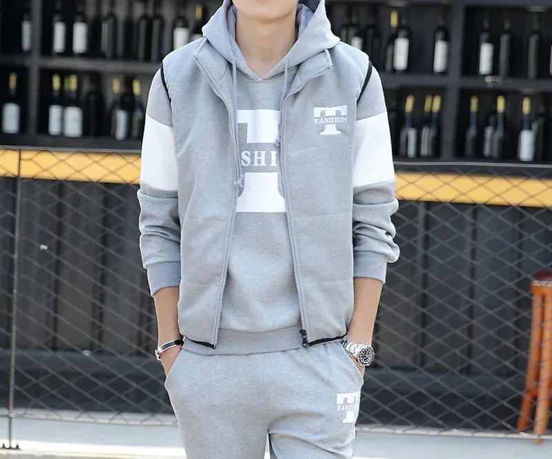 3 Pieces Set Hoodies+Vest+Pants Casual Men's Track Suit Clothing Coats Winter Thick Warm Tracksuit for Men Printed Mens Set Vest.