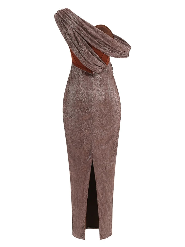 Sexy eine Schulter drapiert Glitzer langes Kleid Frauen braun Korsett funkelnd rücken frei figur betonte Maxi kleider Abend party Kleider.
