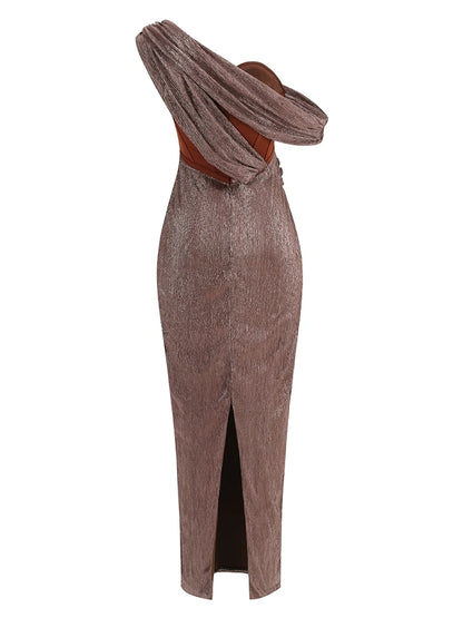Sexy eine Schulter drapiert Glitzer langes Kleid Frauen braun Korsett funkelnd rücken frei figur betonte Maxi kleider Abend party Kleider.