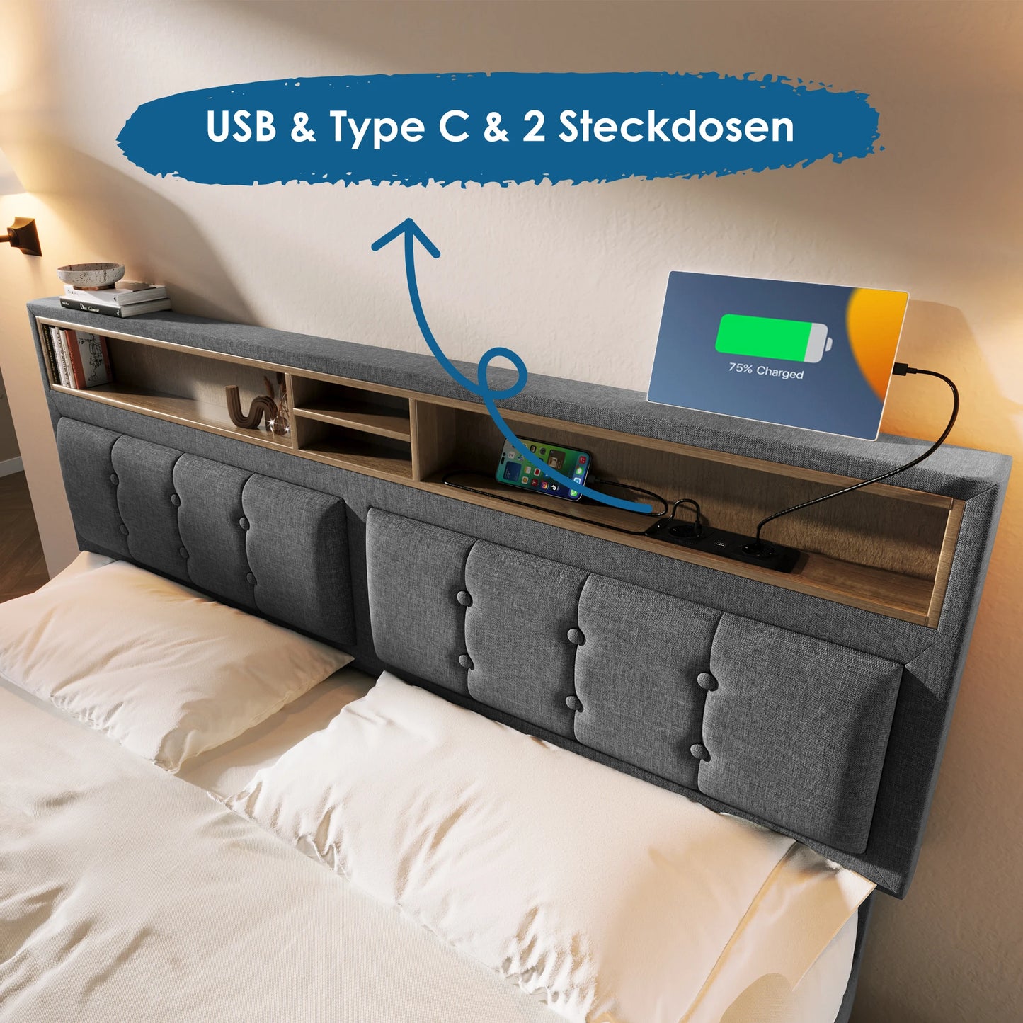 KOMHTOM Polsterbett Doppelbett Jugendbett Leinen - USB C Steckdose Ladefunktion im Kopfteil, Stauraumbett, ohne Matratze