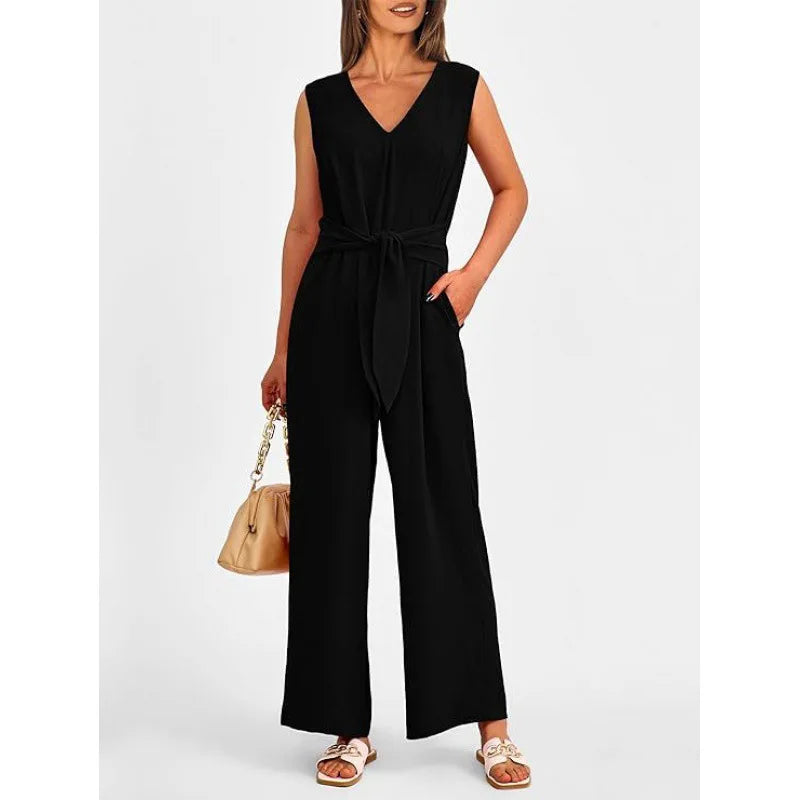 Summer High Waist Lace-up Jumpsuits Women 2025 New Sleeveless V-neck Side Pocket Solid Casual Jumpsuit Office Ladies Rompers