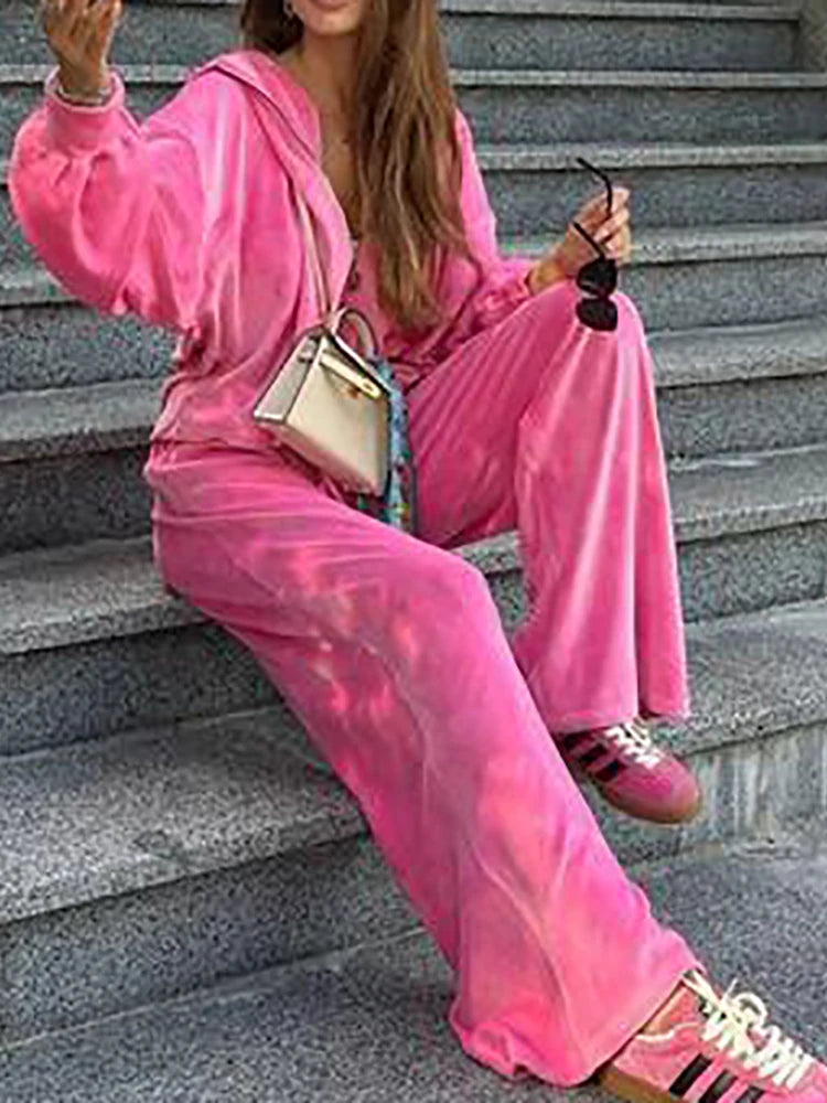 Women Autumn Hooded Coat Two Pieces Sets, Solid Patchwork Wide Leg Pants Chic Outfit, New Long Sleeve Casual Simple Ladies Suits.