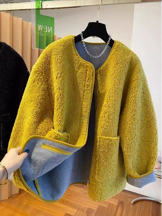 Hochwertige Lammwolljacke für Damen, lockerer warmer Samtmantel, 2025, neuer Frühling und Herbst, große Taschen, modische Oberbekleidung, M-3XL