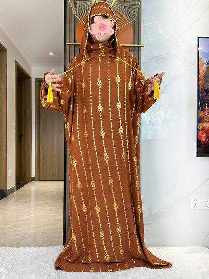 High Grade Cotton Fabric Ramadan Muslim Two-Hat Abaya Dubai Turkey Islam Prayer Clothes Gold Dust Dress Islam Women Dress Kaftan