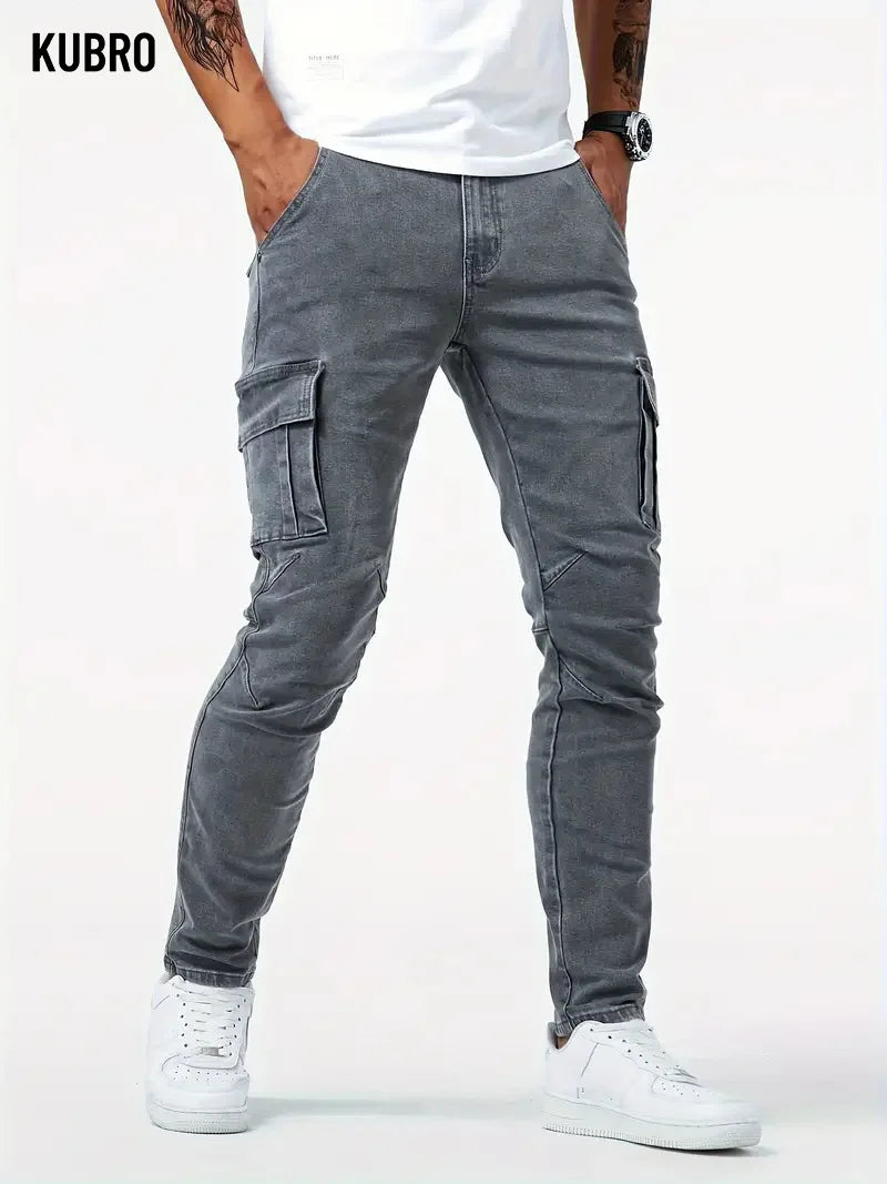 Street Elastic Jeans Men Denim Cargo Pants Wash Solid Color Multi Pockets Casual Mid Waist Trousers Slim Fit Daily Wear Joggers.