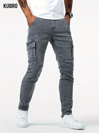 Street Elastic Jeans Men Denim Cargo Pants Wash Solid Color Multi Pockets Casual Mid Waist Trousers Slim Fit Daily Wear Joggers.