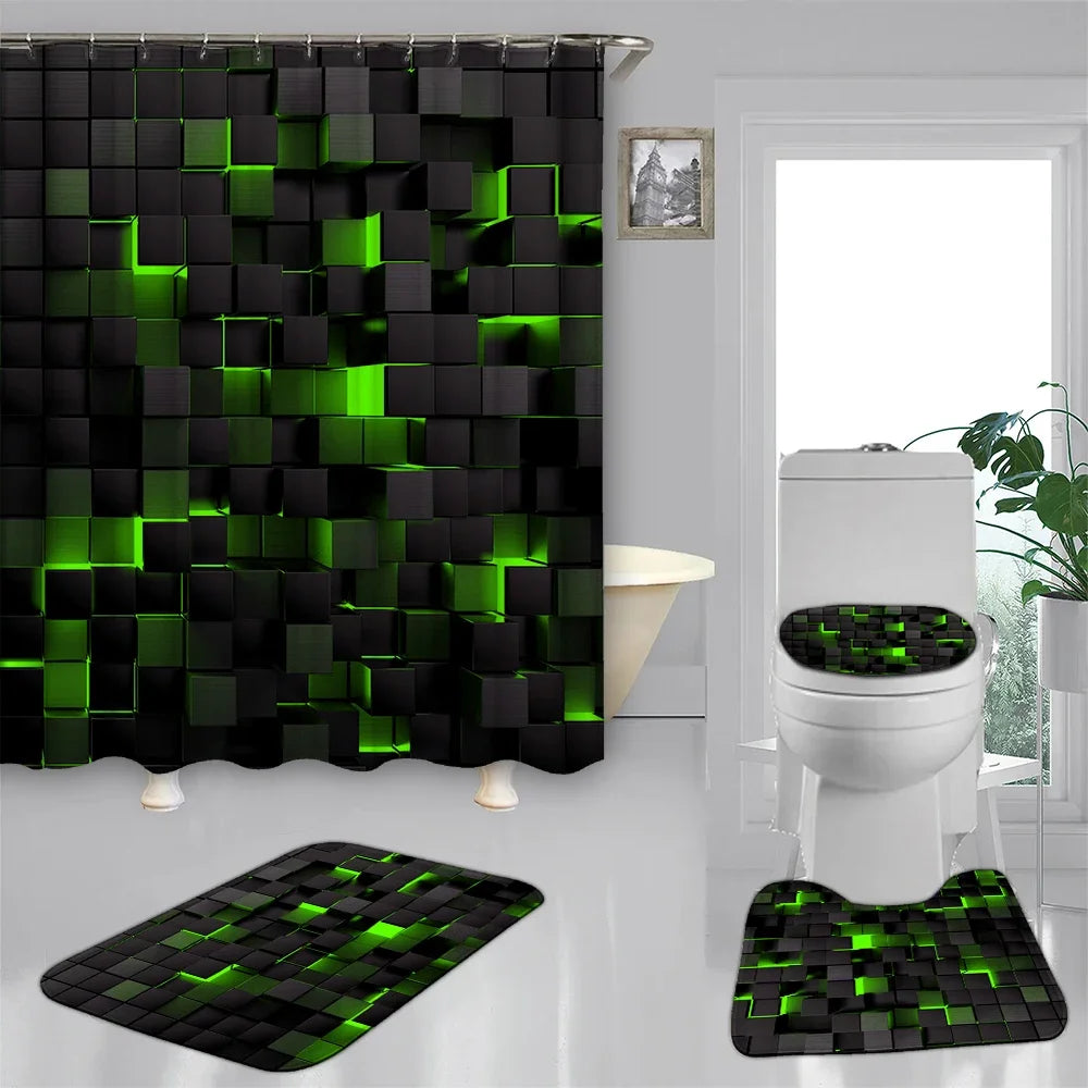 4-teiliges Set mit technologischen, blauen und schwarz karierten, bedruckten, wasserdichten Duschvorhängen mit 12 Haken, Badezimmer-Fußmatten