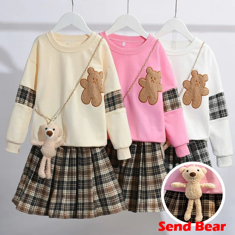 3-14 Years Teenager Girls Outfits Cute Bear Sweatshirt + Plaid Skirt 2Pcs Suit For Girls Birthday Present Children Clothing Sets.