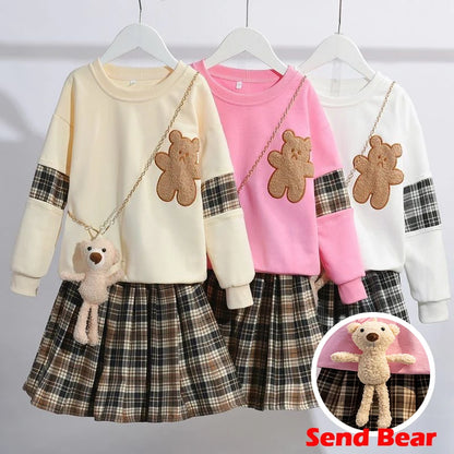 3-14 Years Teenager Girls Outfits Cute Bear Sweatshirt + Plaid Skirt 2Pcs Suit For Girls Birthday Present Children Clothing Sets.