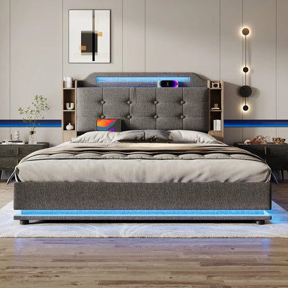 140*200cm Polsterbett mit LED-Lichtleiste und mehreren Ablagefächern, für Schlafzimmerwäsche, Beige (ohne Matratze)