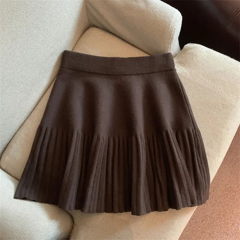 Pleated Mini Skirts Korean Sweet Knitted Skirts Sweet Elastic Waist Ladies Casual Youthful For Women's Clothes Solid Fashion New.