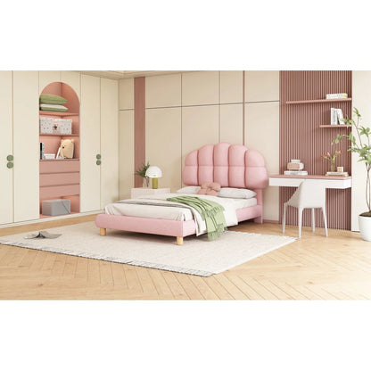 Modernes 90x200cm Einzelbett, Kinderbett, Jugendbett, Polsterbett, Holzgittergrill, Fleeceimitation, Weiß und Rosa