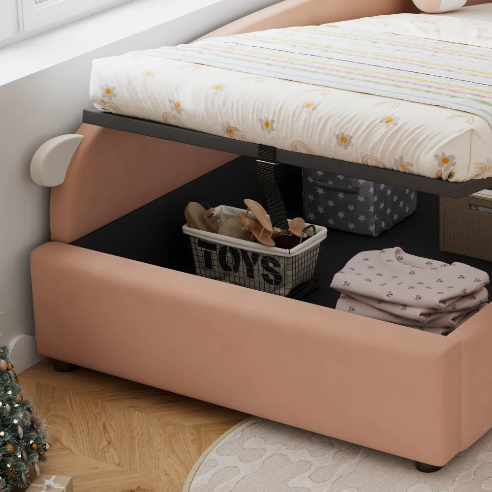 Polsterbett, Einzelbett, Babybett, niedlicher Hasenkopf, hydraulisches Bett mit Stauraum, erhöhter weicher Zaun, Samt, rosa + weiß, 90 x 200 cm