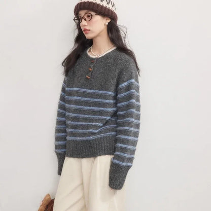 Striped Pullover Sweater Women Knitted Shirts Autumn Winter Female Fashion O-neck Knitwear Long Sleeve Casual Sweaters Knit Tops.