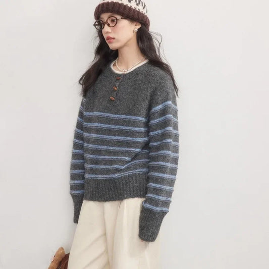 Striped Pullover Sweater Women Knitted Shirts Autumn Winter Female Fashion O-neck Knitwear Long Sleeve Casual Sweaters Knit Tops.