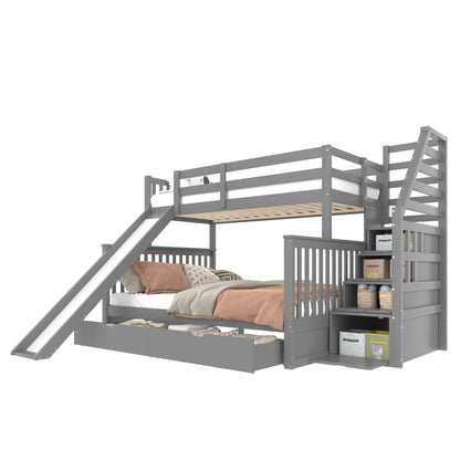 Etagenbett 90 x 200 über 140 x 200 mit Schubladen, Stauraum und Rutsche, multifunktional, Grau (ohne Matratze)