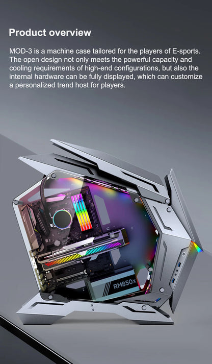 JONSBO MOD-3 Special-shaped Case All Aluminum Tempered Glass E-sports Mecha Theme Chassis E-ATX Motherboard 360 Water-cooled.