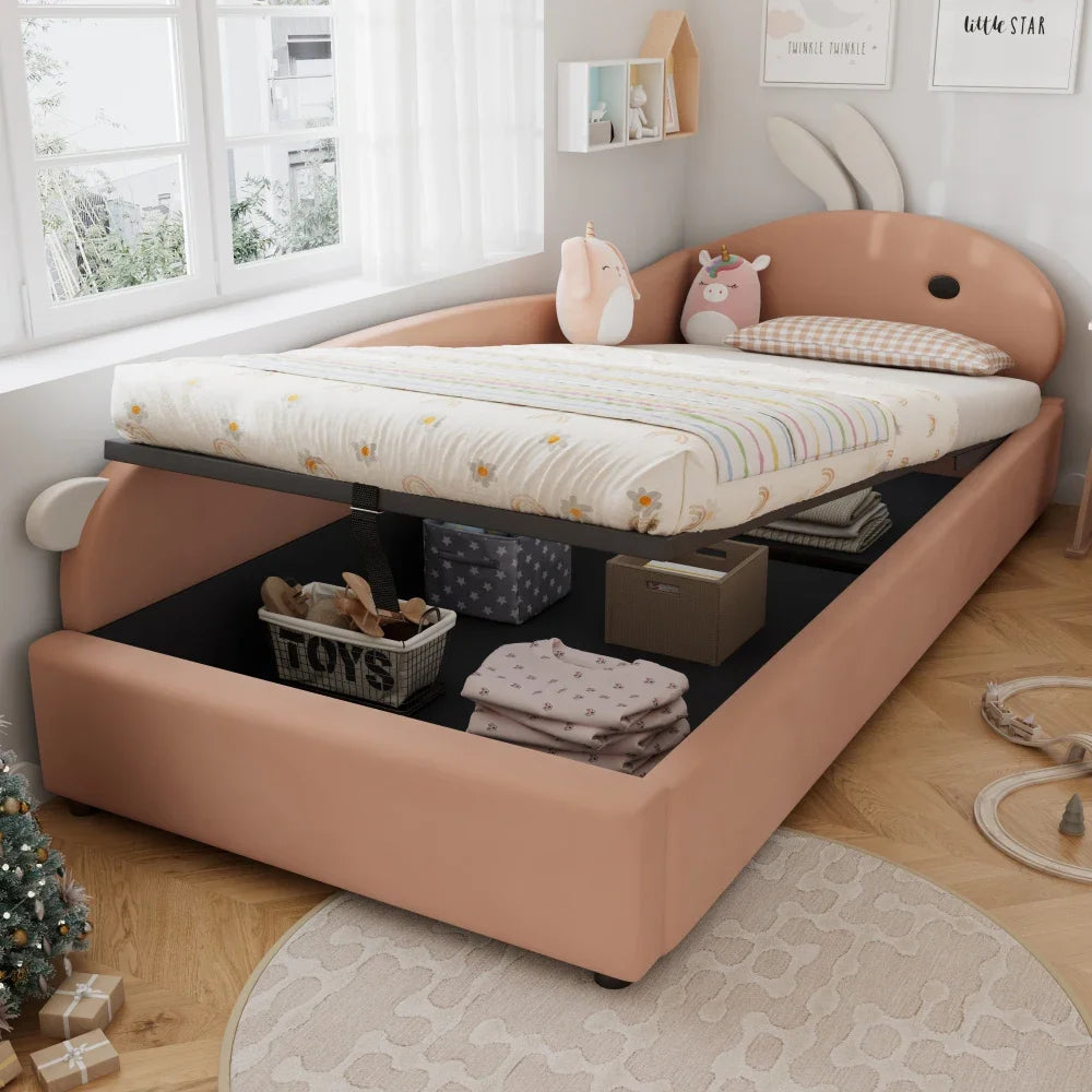 Polsterbett, Einzelbett, Babybett, niedlicher Hasenkopf, hydraulisches Bett mit Stauraum, erhöhter weicher Zaun, Samt, rosa + weiß, 90 x 200 cm