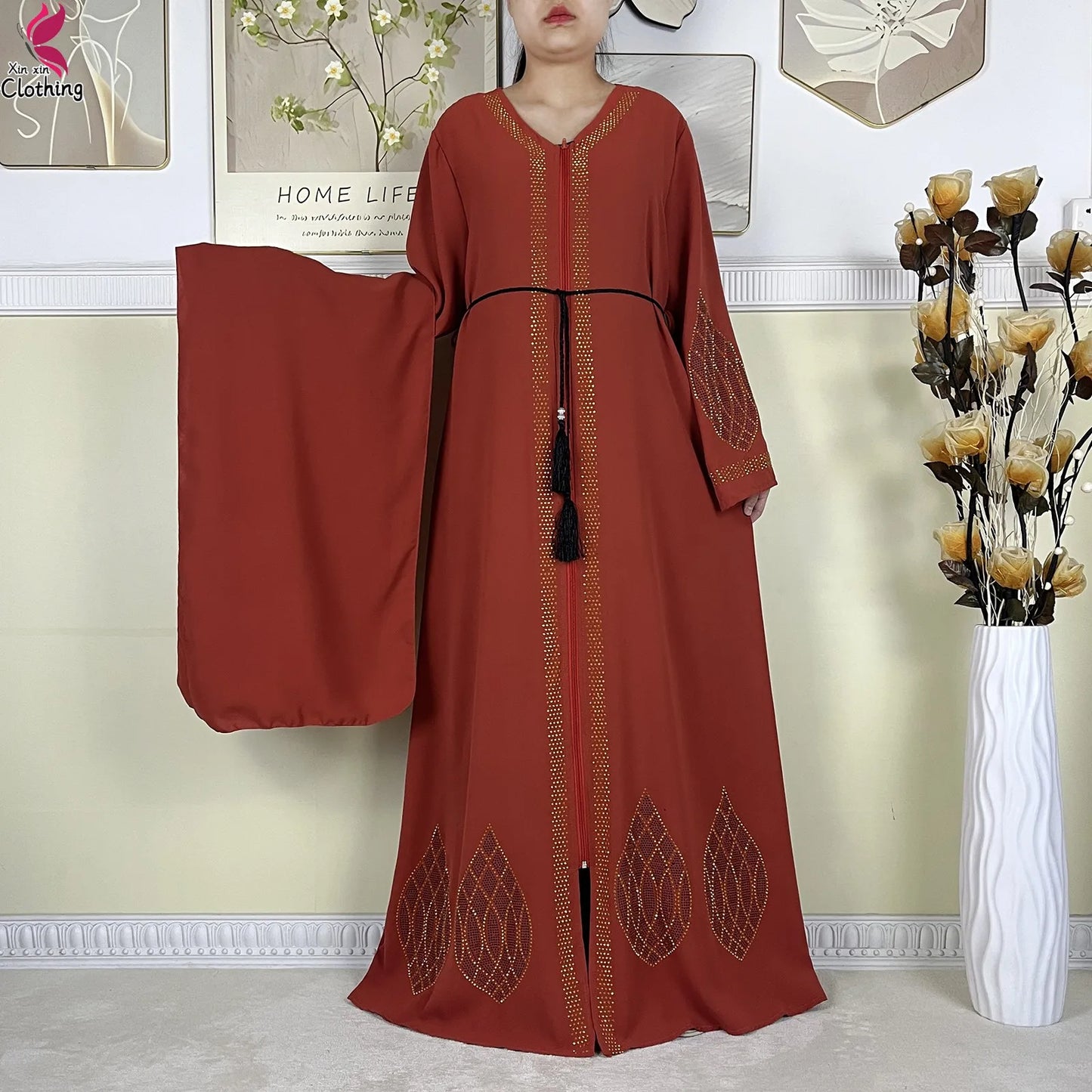 New Dubai Women Elegant Dress Diamonds Chiffon Open Abaya with Zipper Islamic Turkey Clothing Women Muslim Party Evening Dress