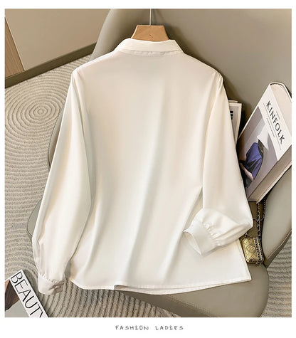 Loose Long Sleeve V-Neck Work Shirt for Women Plus Size Women's Blouses Fashion Versatile Autumn Bow Tops Trendy Business Shirts.