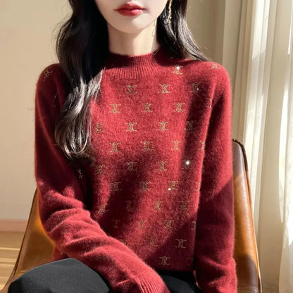 Temperament Fashion Autumn Winter New Sweaters Women Turtleneck Diamonds Long Sleeve Loose Pullovers Bottoming Shirt Knitted Top